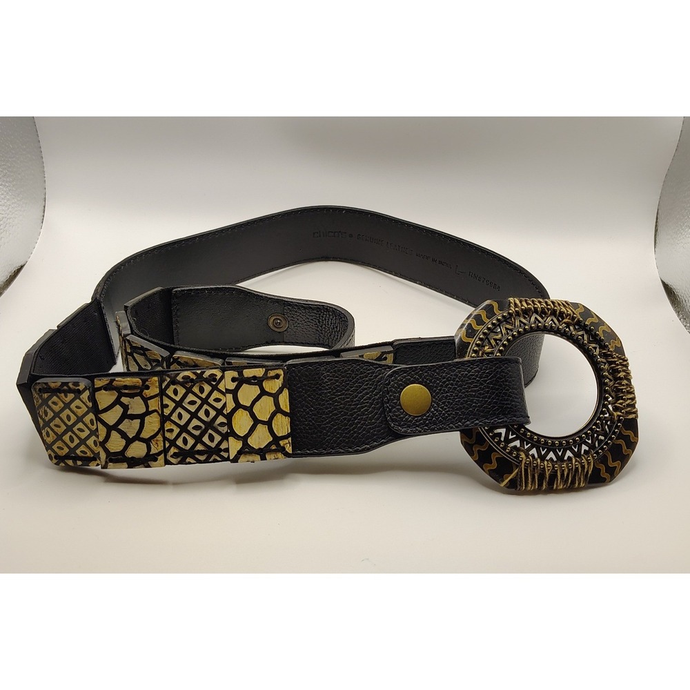 Chicos Genuine Leather Black Belt Large‎ Round Ethnic Wood Metal Buckle